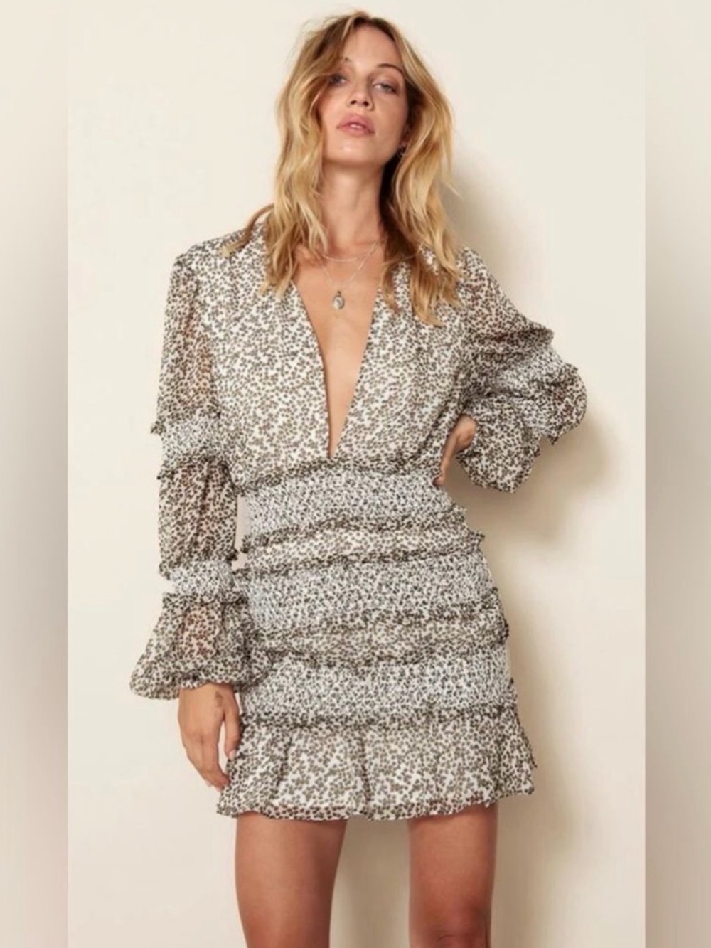 Plunging Ruffle Mini Dress in White and Brown Floral